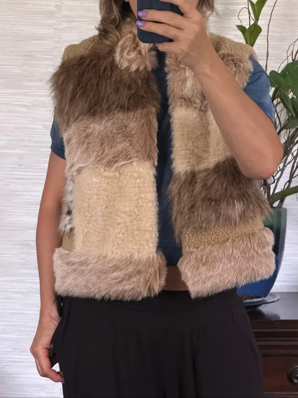Anthropologie Faux Fur Patchwork Vest Size M Boho Statement - Image 8