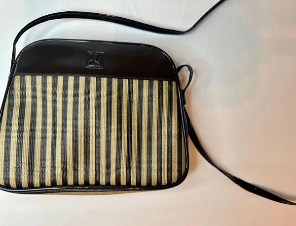Designer Originals Vintage Fendi-Inspired Black/Tan Striped Neoprene Pequin Crossbody Purse - Image 2
