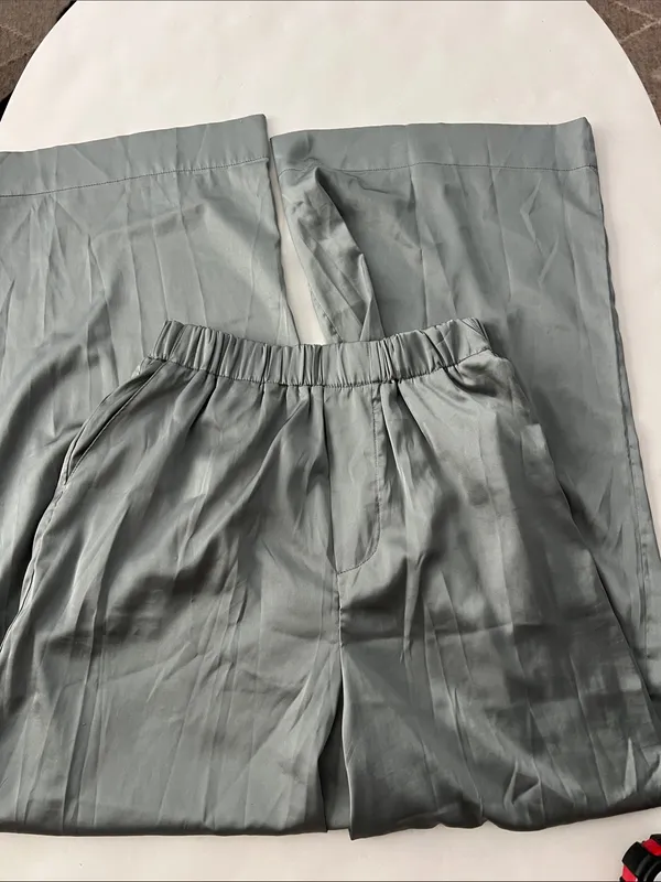 Daily Drills Silky Pull On Resort Wide Leg Satin Lounge Pants in Lagoon Green XS - Image 3