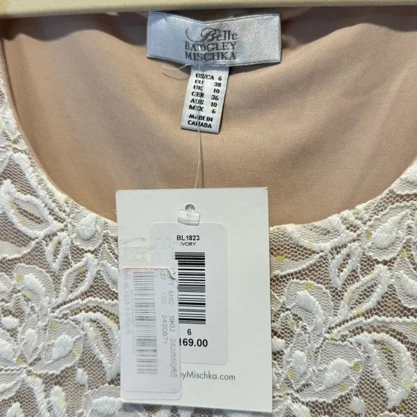 NWT‎ Belle Badgley Mischka Lace Floral Sequin Stretch Mini Dress White Nude - Image 10