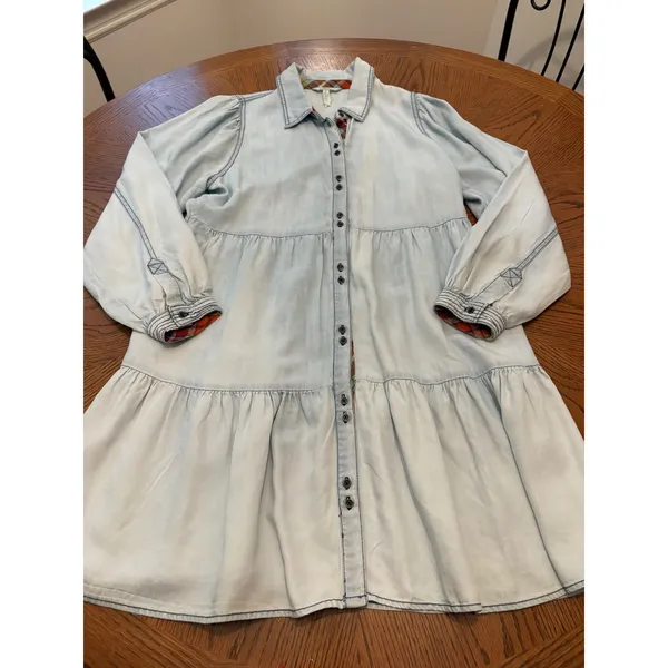 Matilda Jane Light Wash Lyocell Denim Tiered Dress Plaid Trim‎ Womens Medium - Image 2