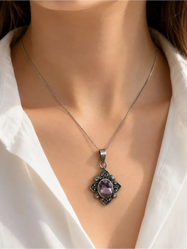 Estate Art Deco Style Sterling silver Pendant with Purple Quartz Faceted Stone - Image 5
