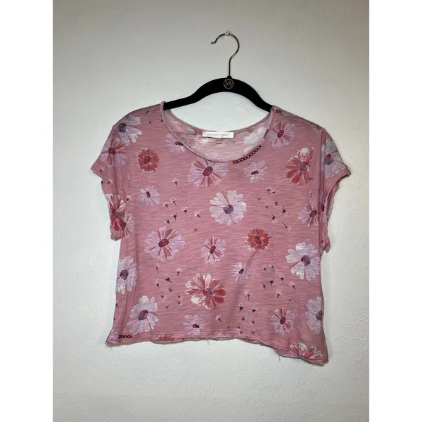 LoveShackFancy Rubbin Cropped Tee Coral Floral Knit Viscose T-Shirt Pink Size S - Image 2