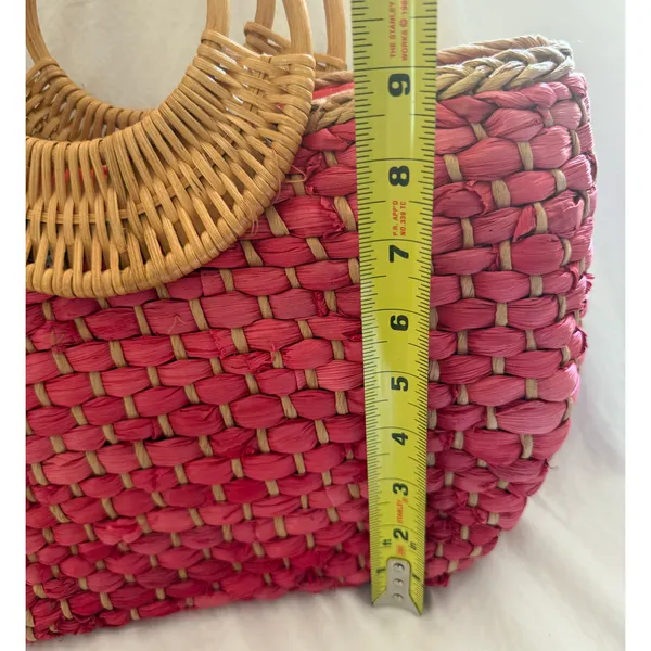 Free People Sophia Straw Tote Red Woven Bamboo Ring Handles Boho Purse Bag EUC - Image 6
