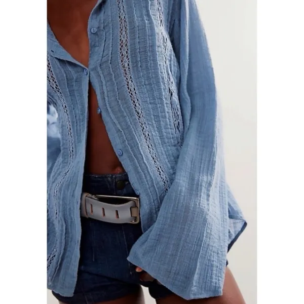 Free People FP One Mila Shirt Blue Ethereal Dainty Romantic Lace Gauze Small - Image 10