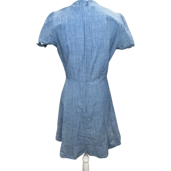 J.Crew‎ Chambray Denim Fit & Flare Dress Size 4 Blue V-Neck Flutter Sleeve - Image 4