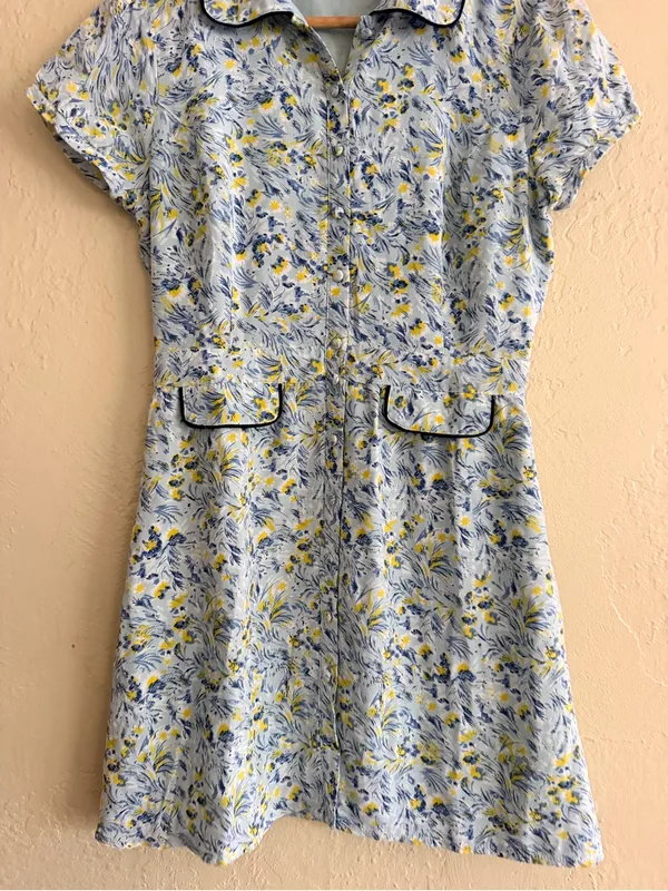 Light Blue Floral Midi Dress with Yellow and Navy Details - Image 2
