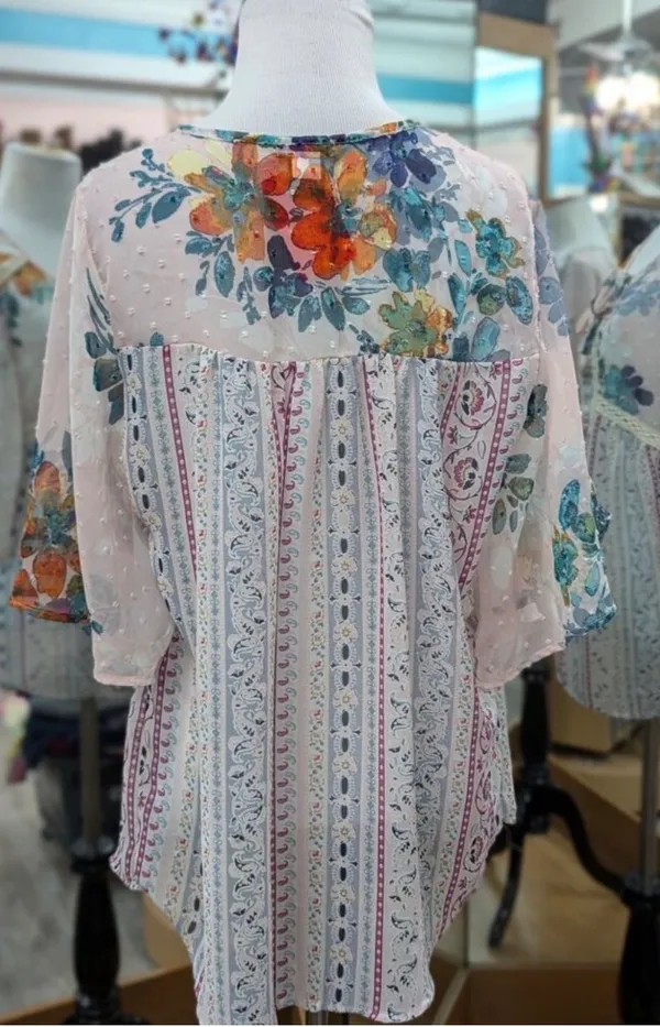 New Direction Boho Floral Sheer Blouse Medium Swiss Dot Lace Peasant Top - Image 8