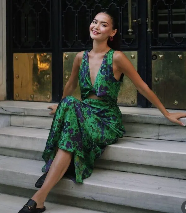 Zara maxi floral satin dress wedding evening party Floral Green Cutout Dress - Image 6