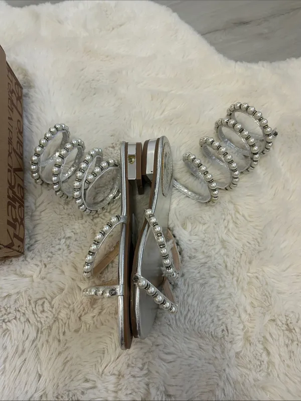 BellaMarie Silver Pearl Spiral Strappy Flat Sandals - Image 5