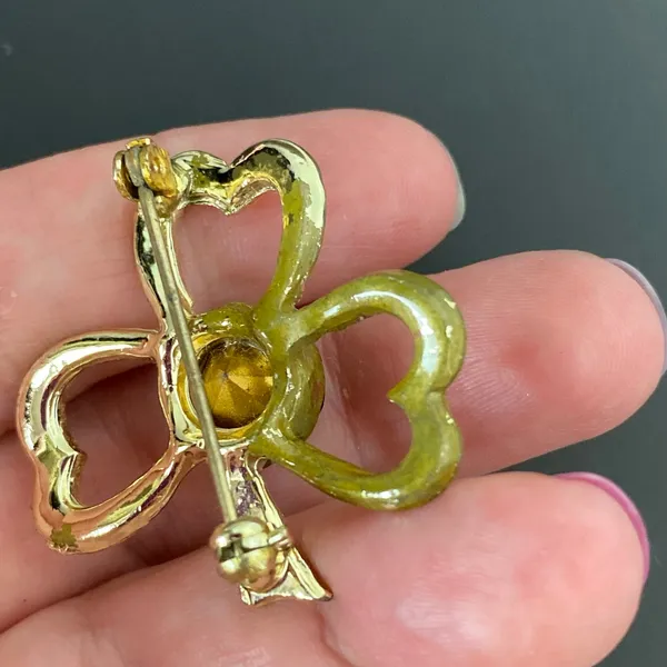 Vintage Gold Tone Shamrock Brooch Pin Green Rhinestone St. Patrick’s Day - Image 5