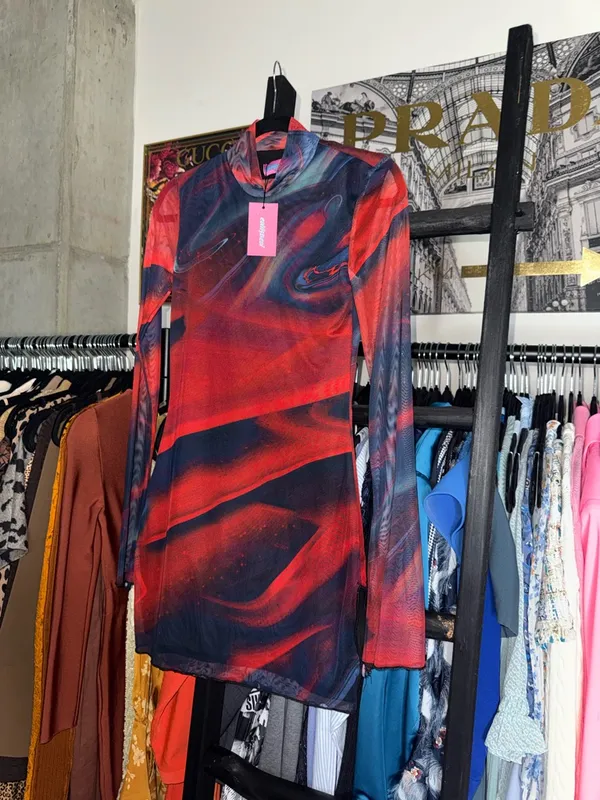 Edikted Sparks Fly Mesh Mini Dress Red Black Swirl Slit Bell Sleeve Medium New - Image 6