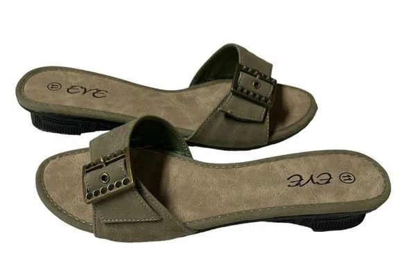 Eve Buckle Sandal Slides Low Heel Khaki Color Size 11 - Image 6