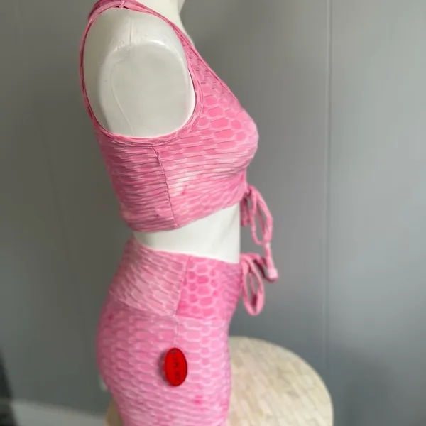 Hot Kiss Pink Textured Two Piece Set Ruched Crop Top & High Waist Shorts Size S - Image 3