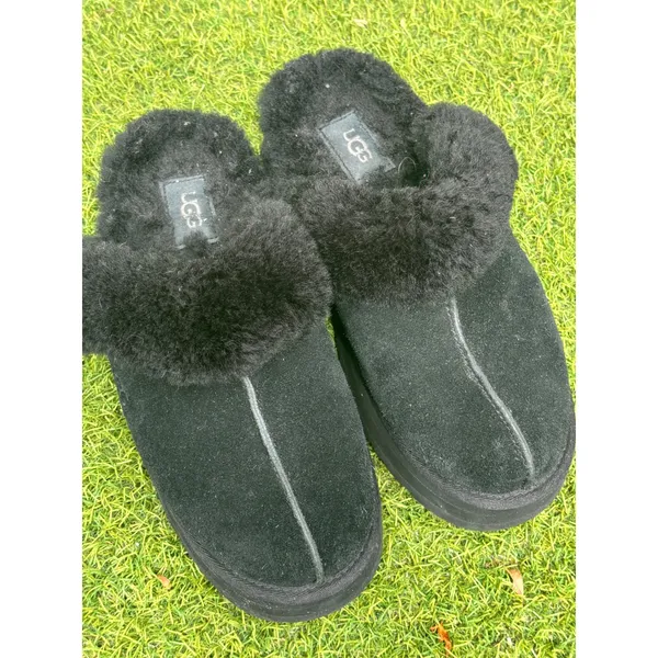 UGG Disquette Black Suede Platform Sheepskin Slippers Womens 9 - Image 6