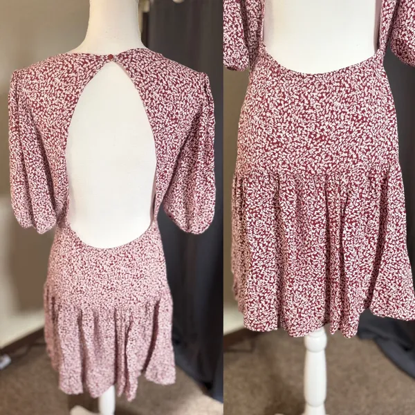 Free People Dancing In The Dark‎ Mini Dress Womens Large Maroon Floral Open Back - Image 3