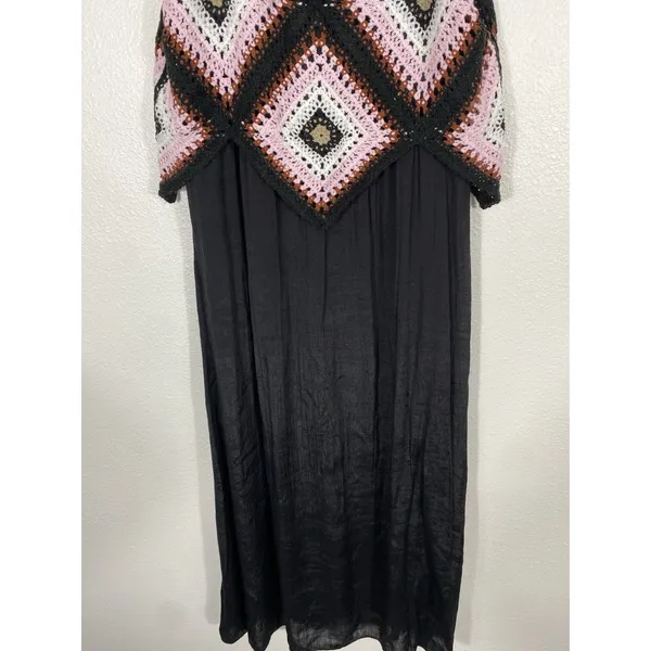 REBELLION Crochet Geometric Maxi Dress Sleeveless Black Pink Size M - Image 6