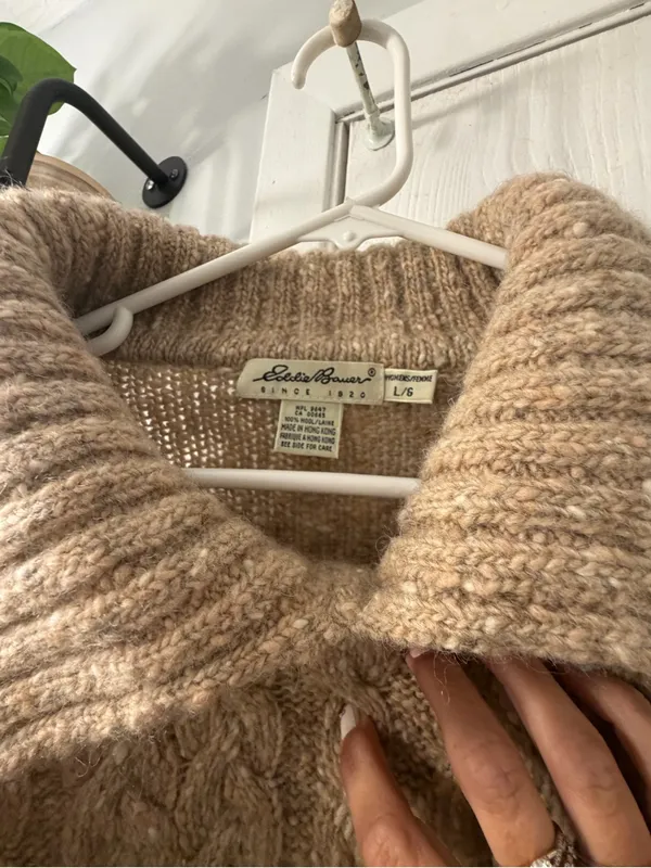 Eddie Bauer 100% Wool Cozy Cable Knit Collared Sweater - Beige - Image 2