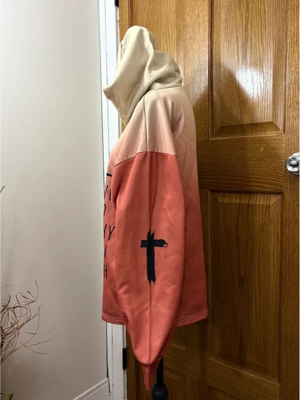 Women’s M Beige Coral Ombre Hooded Pullover Faith Cross Graphic Sweatshirt - Image 3