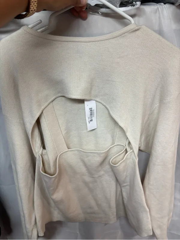 Women’s Cream Ribbed Cutout Crewneck Sweater - Image 3