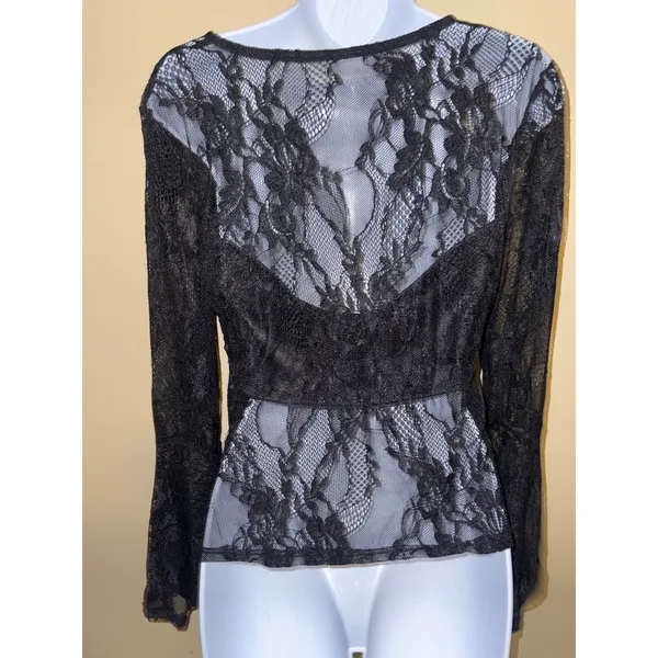 Whimsigoth Black Floral Lace Bell Sleeve‎ V-Neck Sheer Gothic Top L Victorian - Image 5