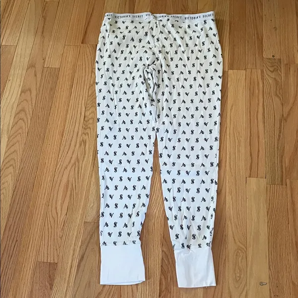 Victoria's Secret Pajama Pants Womens Large White Black Logo Waffle Knit Joggers - Image 7