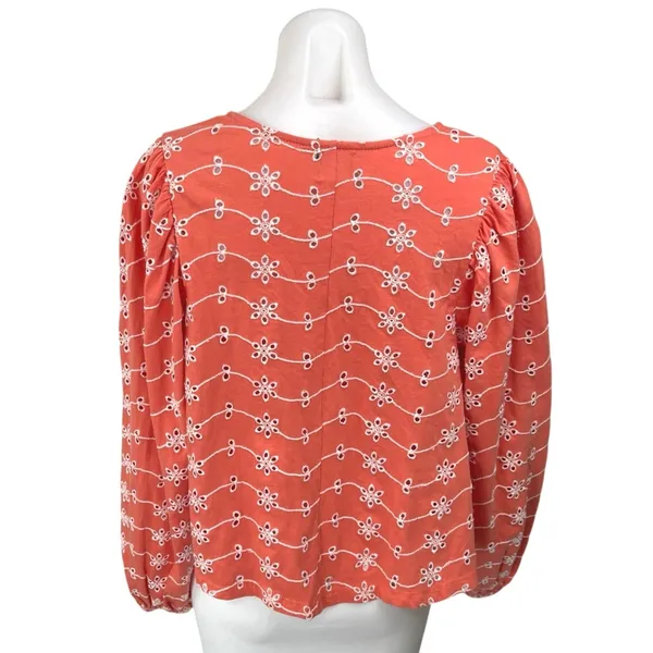 Asos Orange Floral Embroidered Eyelet Puff Long Sleeve V-Neck Blouse Top Size 8 - Image 2