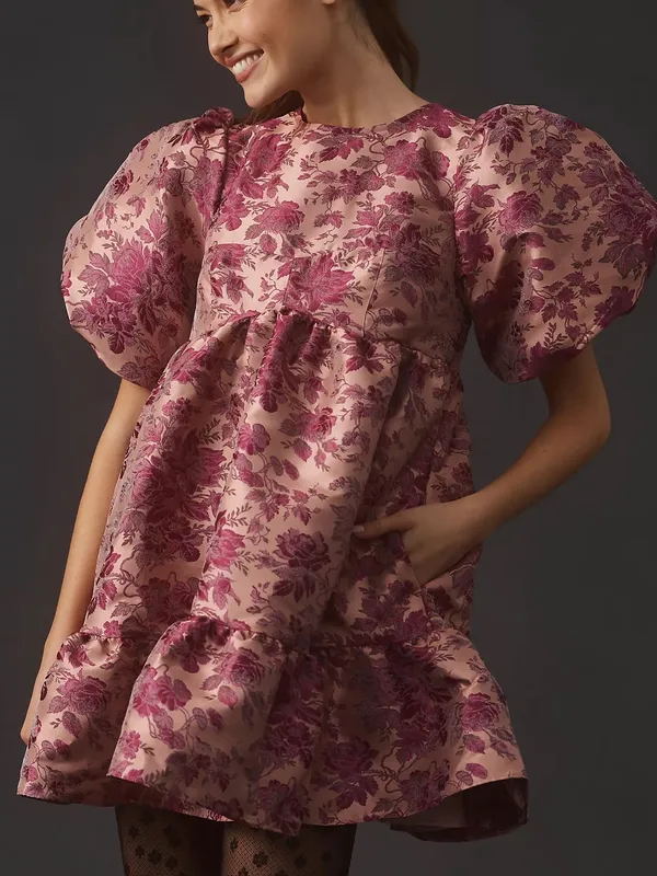 By Anthropologie Puff Short-Sleeve Babydoll Mini Dress Pink Floral Medium - Image 3