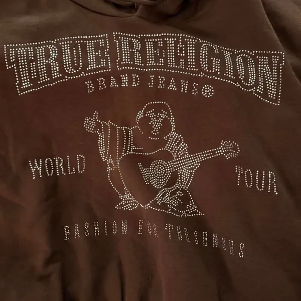 True Religion Crystal Cropped Pullover Hoodie Chicory Coffee XL - Image 3