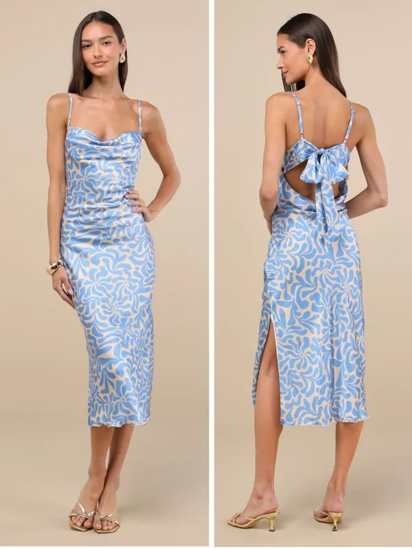 Lulus Midiana Light Blue Abstract Floral Tie-Back Midi Dress Size Medium NWT - Image 2