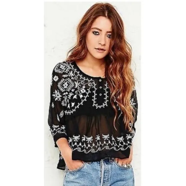 Free People Pennies Squel Navy Sheer Embroidered Top Size Small - Image 12