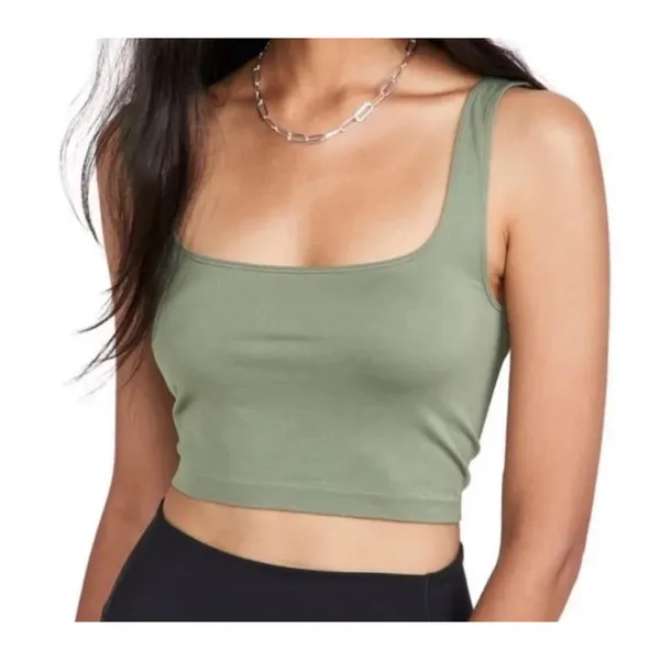 Women's Free People Green Seamless Square Neck Crop Tank Top M - Image 2