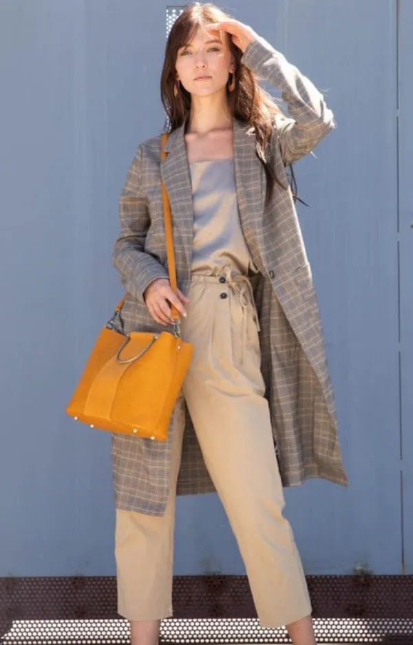 Irene’s Story Umber Oversized Plaid Striped Fall Winter Trench Coat Jacket - Image 2