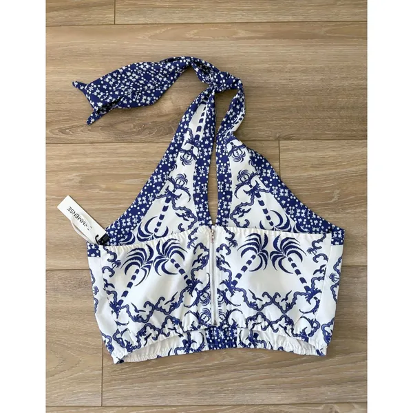 NWT COMMENSE Blue White Printed Palm Tropical Halter Crop Top Womens Large - Image 4