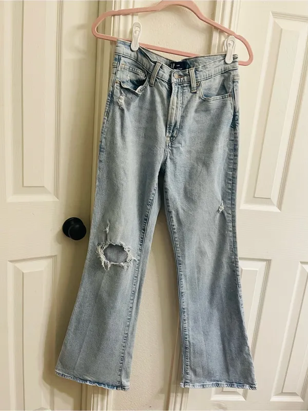 GAP Light Blue Flare Jeans - Distressed Knee Wide Leg - Image 2