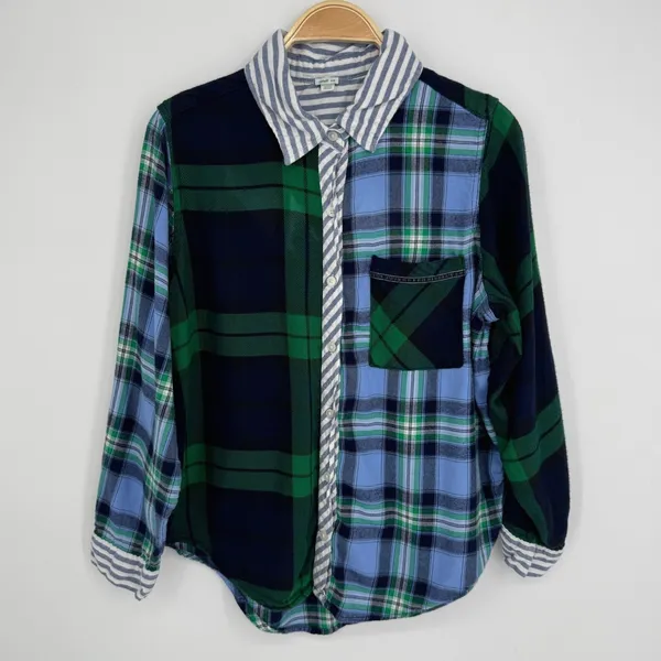Aerie Flannel Mixed Plaid Button Down Shirt Medium Blue Green Colorblock Preppy - Image 2