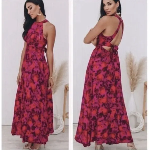 Abel The Label Anthropologie Charlotte Maxi Dress Small Fuschia Red Floral Boho - Image 3