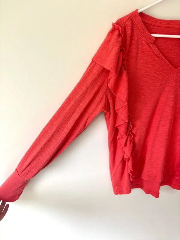Anthropologie Pilcro Cozy Popover Ruffle Long Sleeves Top Orange Coral V Neck - Image 6