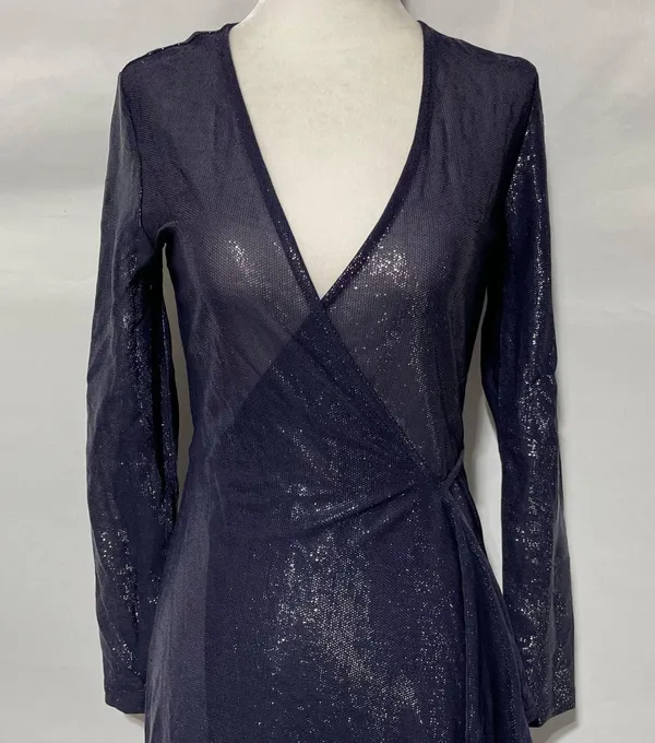 & Other Stories Sheer Metallic Long Sleeve Midi Wrap Dress Navy Blue Size 2 - Image 5