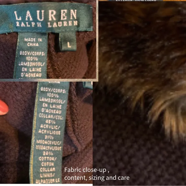 Vtg Y2k Lauren Ralph Lauren Brown Lambswool W/Faux Fur Collar Cardigan (L) - Image 11