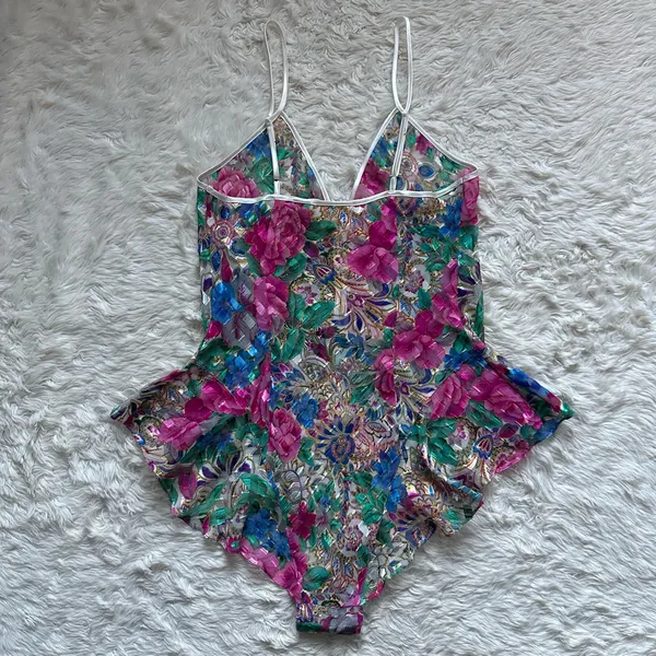 Victoria's Secret Teddy Bodysuit Vintage Gold Label Lingerie Sheer Floral Sz M - Image 2