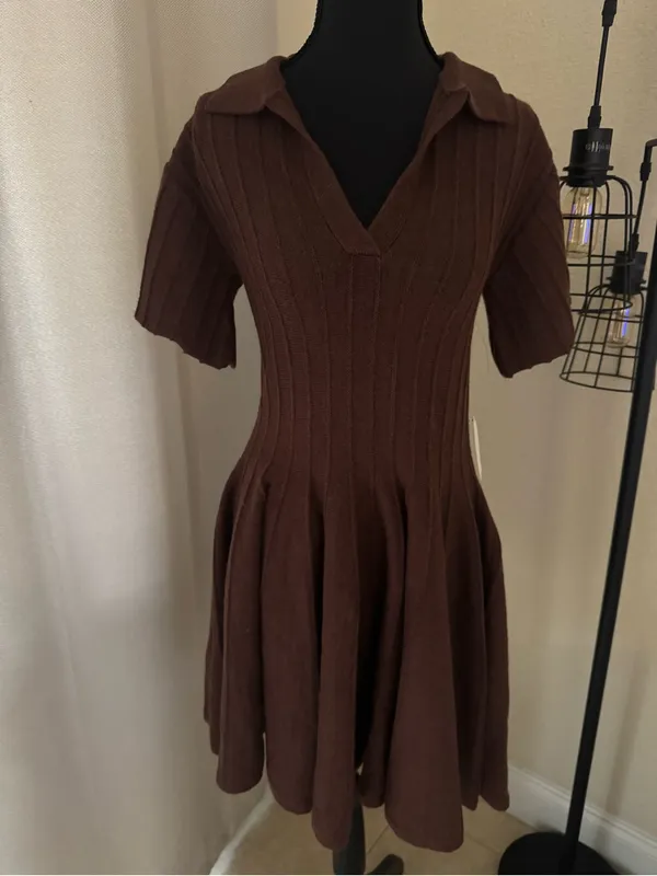 Anthropologie Brown Ribbed Knit A-Line Mini Sweater Dress NWT Small - Image 2