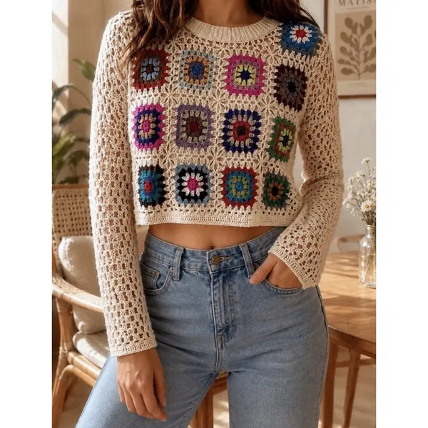 Luna Ivy Crochet Sweater Crop Granny Knit Top Cottagecore Boho Patchwork Small - Image 2