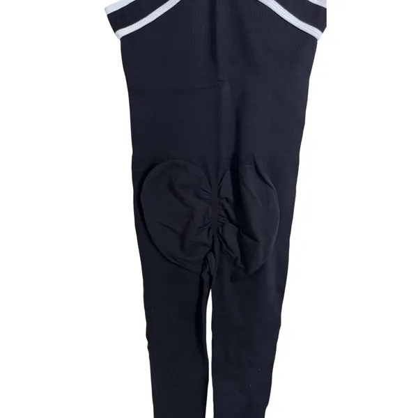 Women's Black Crisscross Halter Jumpsuit Size S White Trim Workout Unitard NWT - Image 4