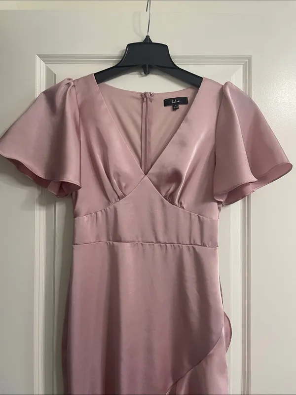 Lulus Eternal Bond Blush Satin Ruffled Flutter Sleeve Maxi Dress Size Small - Image 6
