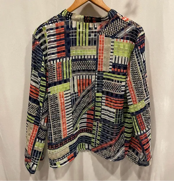 Groovy Ruby Rd. Metallic geometric avocado and tomato salad color sheer blouse - Image 3