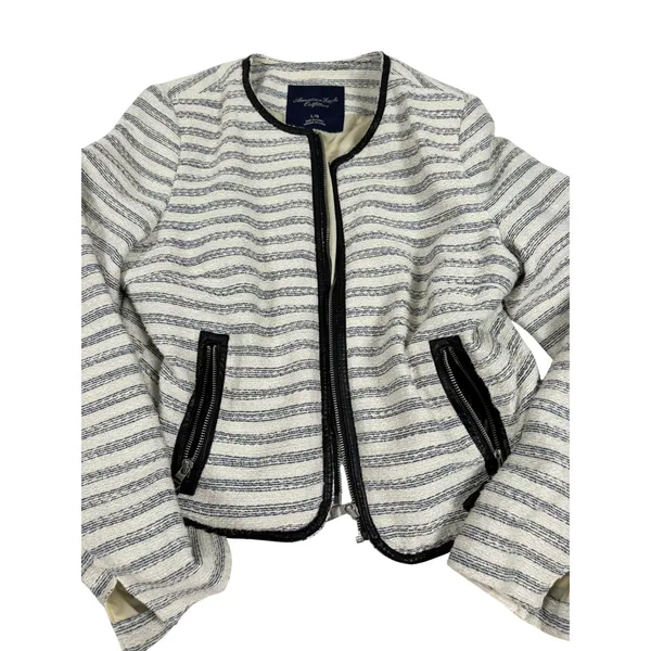 American Eagle Striped Cropped Moto Jacket Cream Navy Blue Faux Leather Trim L - Image 2
