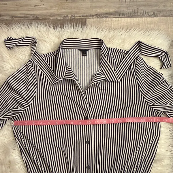 Ann Taylor striped stretch button front top blouse tie neck blouson sleeves S - Image 7