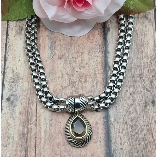 Choker Collar Pendant Necklace Silver Tone Double Box Chain Smokey Teardrop 16" - Image 7