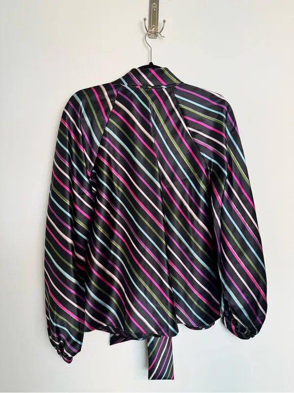 kate spade Black Satin Tie-Neck Blouse with Pink, Green, Blue and White Stripes - Image 9